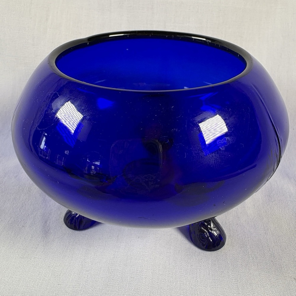Vtg Viking Glass Vase Flowerlite Rose Bowl Cobalt Blue Tree Bark Feet 3.25" tall
